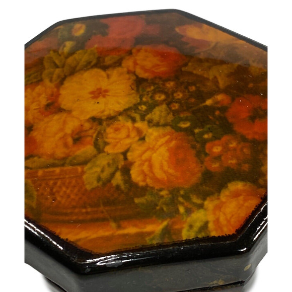 Vintage Black Hexagonal Lacquer Floral Trinket Lidded Jewelry Box Home Decor - Picture 2 of 10